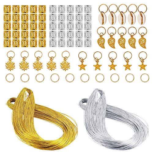Ryalan Dreadlocks Hair Jewelry Rings 80 Pieces Aluminum Hair Accessories with Gold Silver Cord Metallic Gift Tags Gold Silver String Jewelry Thread for Hair Braiding Passion Twist and Craft Making