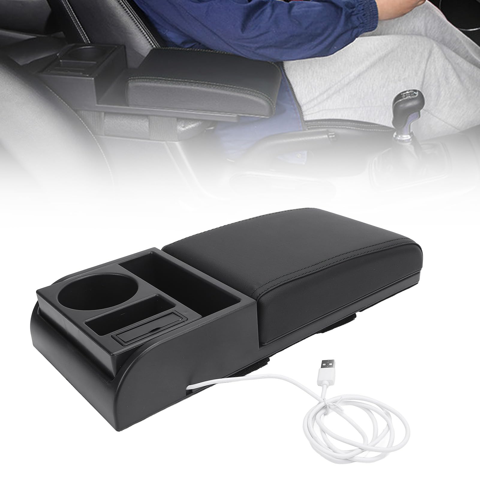 Copertura per Box Bracciolo Console Centrale Lunghezza Regolabile con Porta di Ricarica USB Portabicchieri Universale per Box Bracciolo per Auto per SUV Camion Furgoni (Nera)