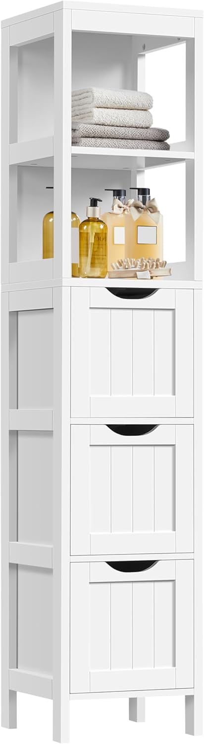 Yaheetech Slim Bathroom Tall Cabinet with 3 Drawers & 2 Shelves, Narrow Freestanding Storage Tower for Small Spaces, White 12"x12"x56"