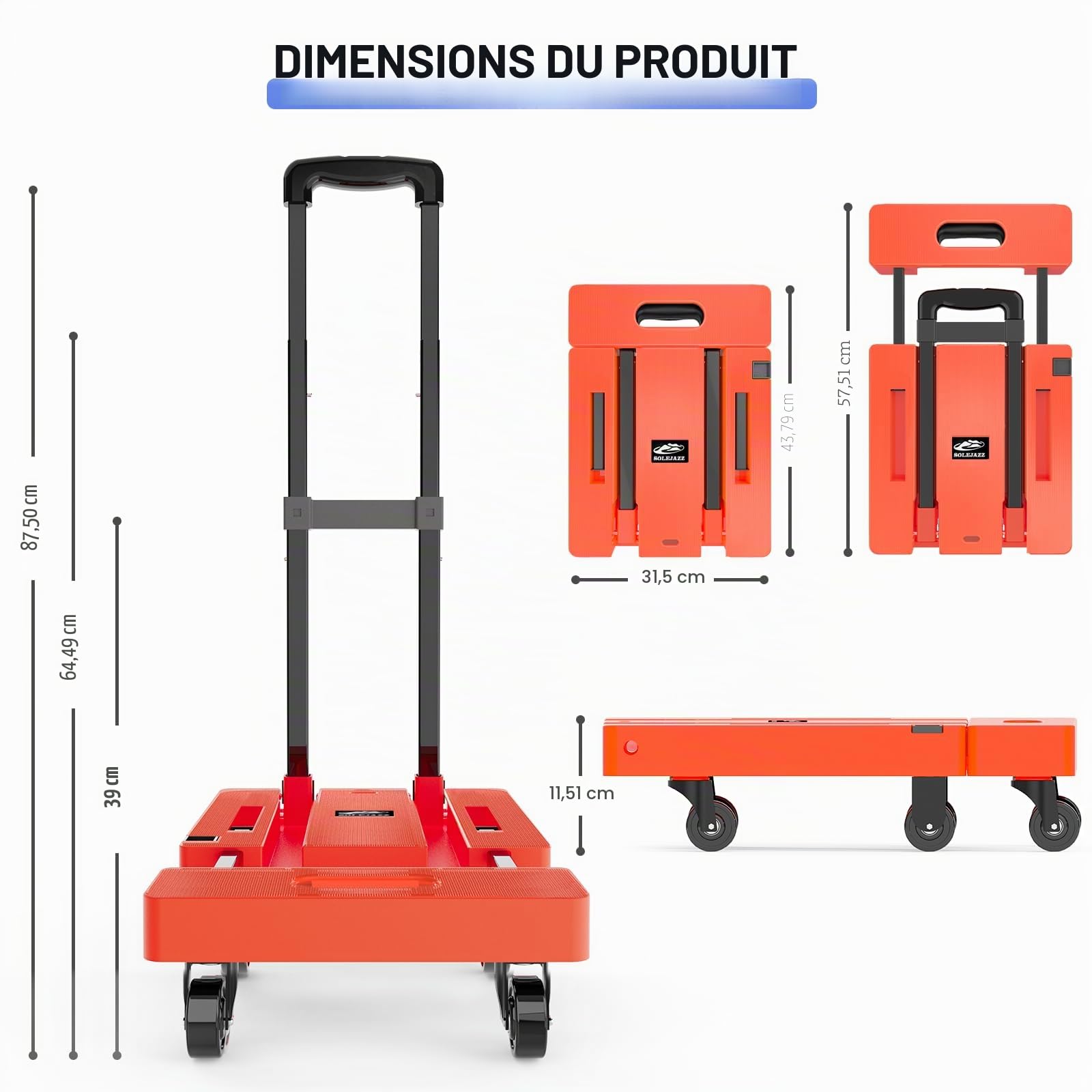 SOLEJAZZ Chariot Portable et Pliable d’Une capacité de Charge de 226,8 kg avec 6 Roues et 2 Sangles, Orange