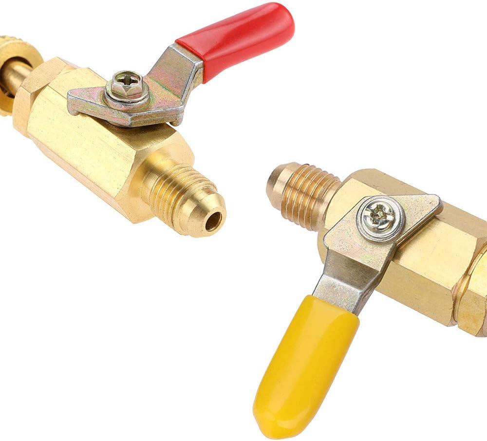 (Set of 3 Pcs) Angled Compact Ball Shut-Off Valve 1/4" SAE Swivel Adapter For A/C R12 R22 R502 R134A R410A Refrigerant Charging Hoses Tools Air Conditioning Copper Valve