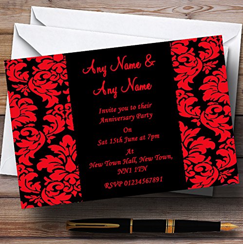 Floral Black & Red Damask Wedding Anniversary Party Personalized Invitations