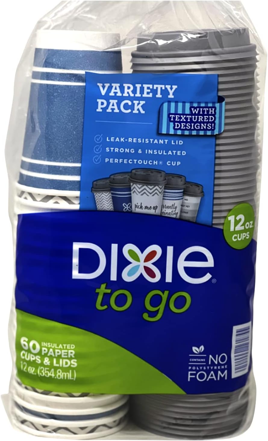 Straws and Dixie To Go Perfectouch Paper Cups and Lids Set of 60 Count, 12 ounce, Hot Beverage Cups & Lids, Designs May Vary, Disposable Paper Coffee Cups & Lids (60 Count, 12 Ounce)