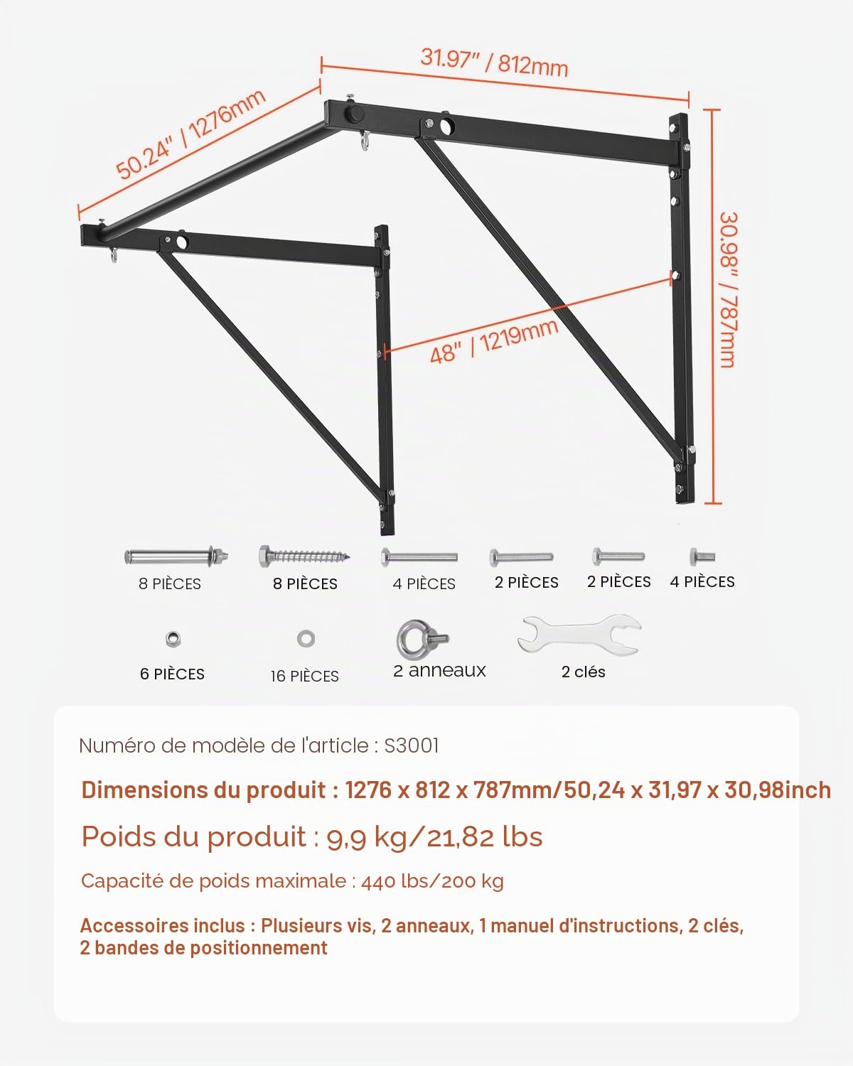 VEVOR Barre de traction, 1276 mm, barre de fitness murale, profondeur réglable de 55 ou 76 cm, en acier robuste, charge de 200 kg, station d'entraînement pour tractions, pour salle de sport à domicile