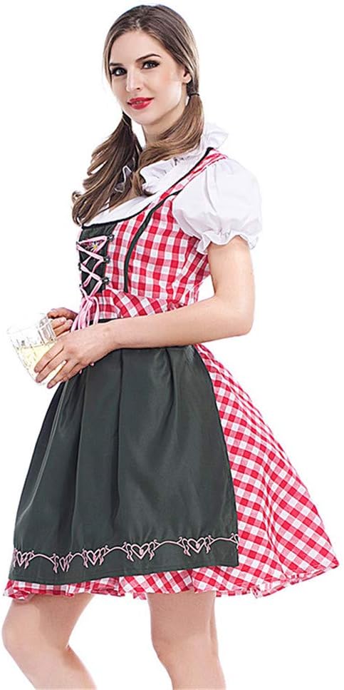 HongH Women's German Oktoberfest Costume Adult Dirndl Traditional Bavarian Beer Carnival Fraulein Cosplay Maid Dress Outfit (Red Plaid, M)