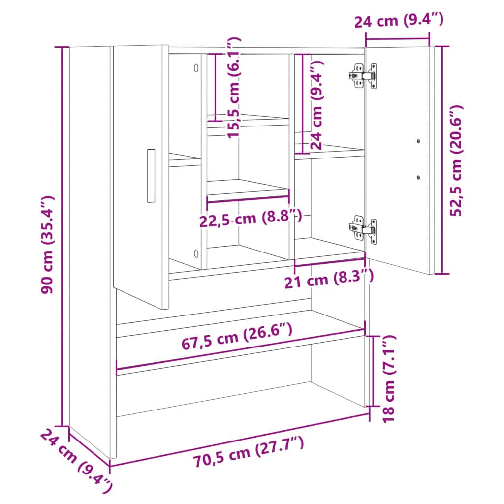 vidaXL Armario de Lavadora Roble Sonoma 70,5x24x90 cm, Armario para lavandería, Armario para cesto de Ropa, Estante para Lavadora, Armario para baño