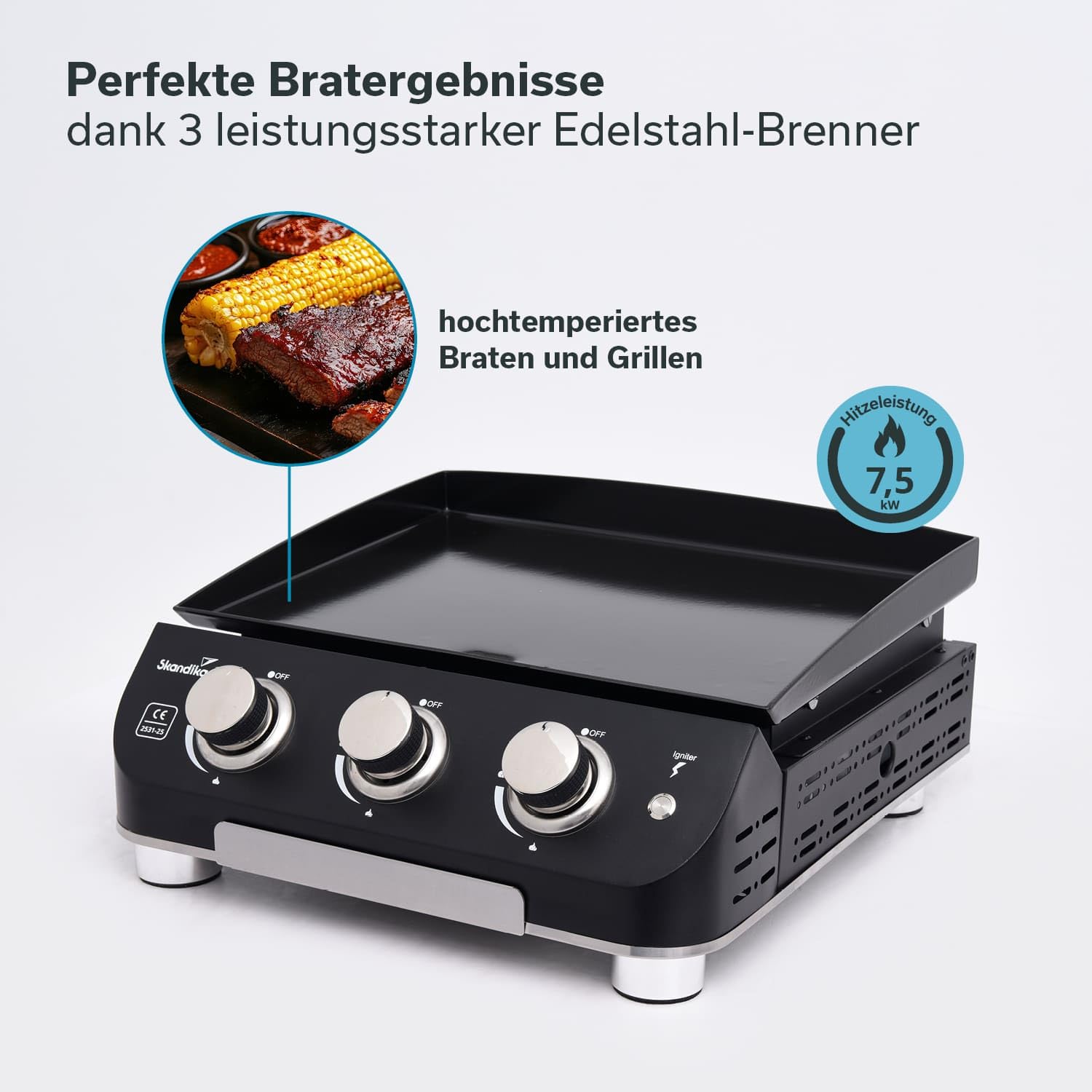 Skandika Gasplancha Palo | Plancha de gas, 3/4 quemadores, bandeja de goteo, parrilla de gas portátil con placa de cocción (3 quemadores/sin tapa)