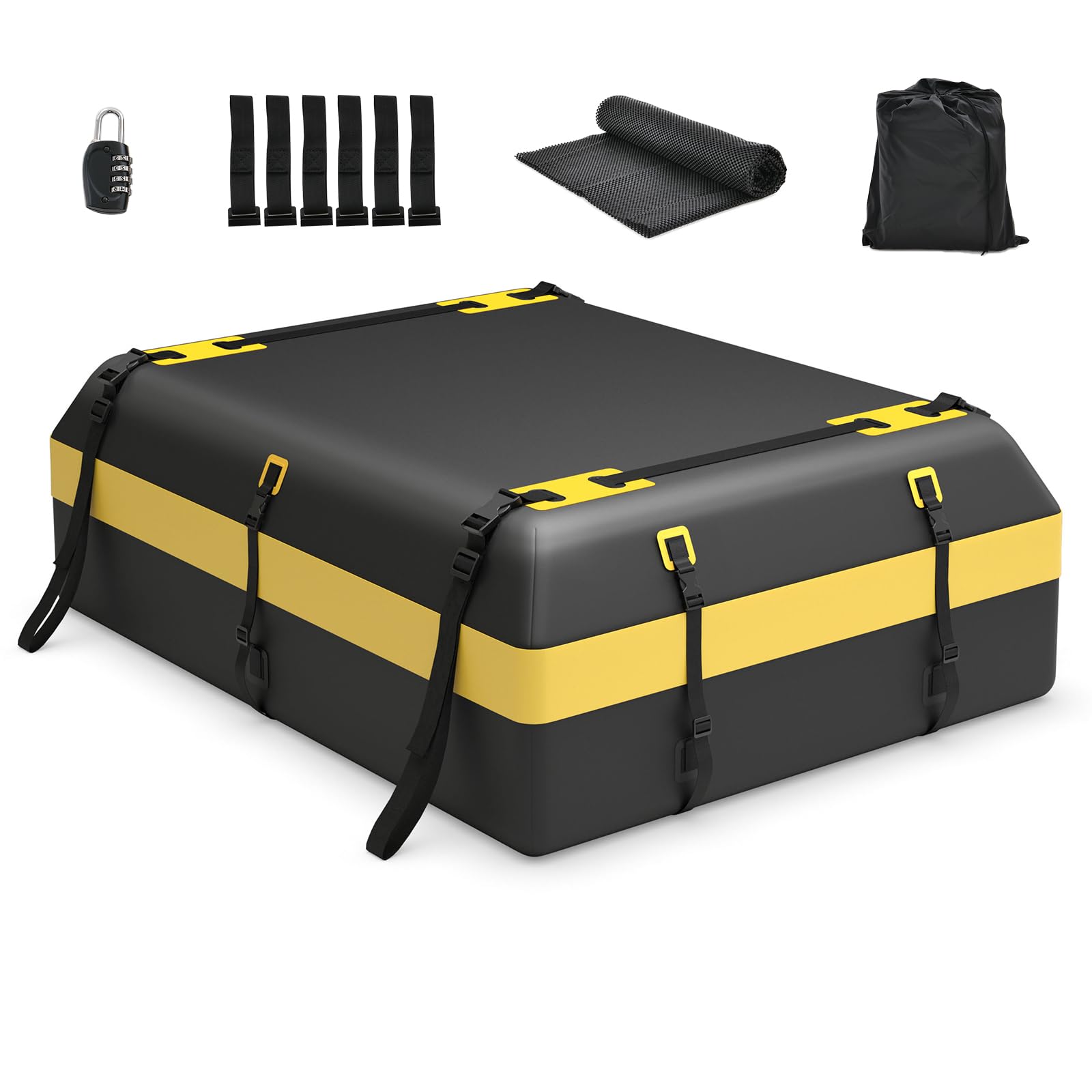 SOARS Box Tetto Auto 600 Litri, Portapacchi Auto Tetto 100 X 130 X 44 CM, Impermeabile con Tappetino Antiscivolo e Borsa per il Trasporto, Porta Bagagli Universale per Auto, SUV (Nero+Giallo-600L)