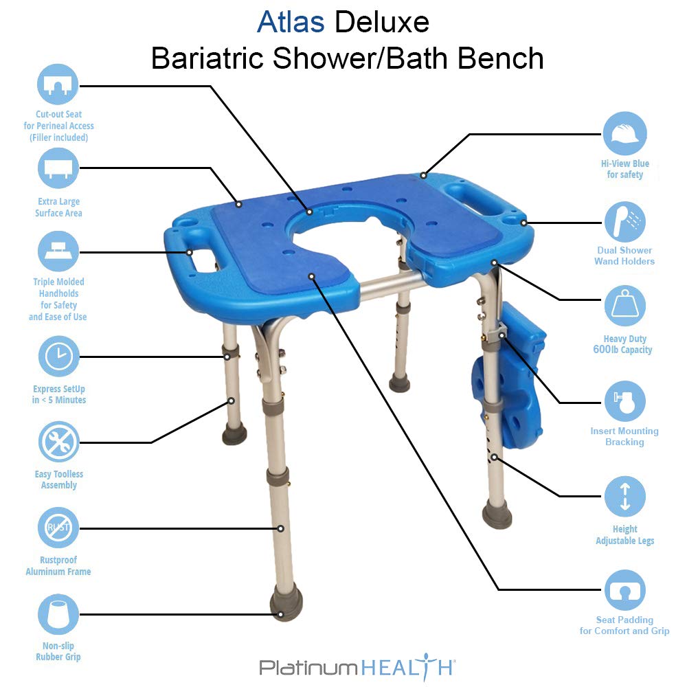 Platinum Health Atlas Deluxe - Banco bariátrico para Ducha/baño, Capacidad de 600 Libras, Acolchado con Corte e Inserto. Silla de Ducha Resistente con Altura Ajustable y Asiento XL