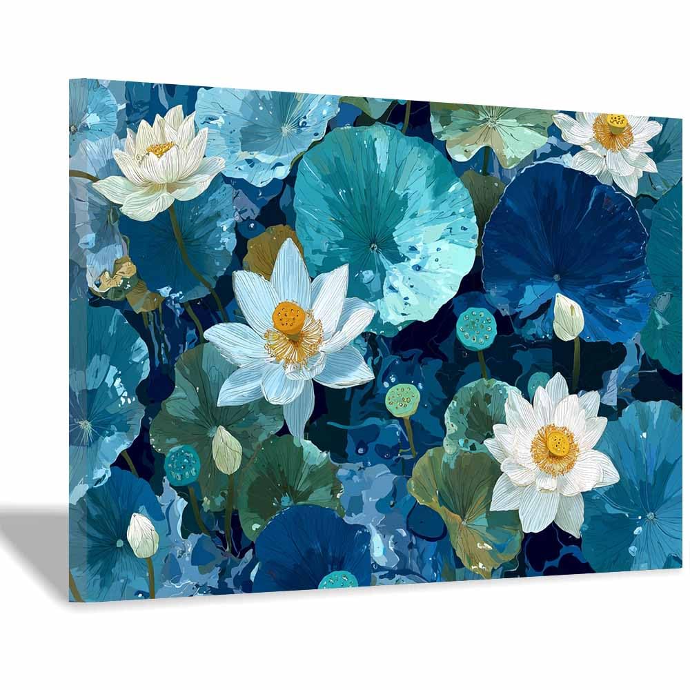 Xeniou Multicolor Flower Wall Art Canvas Blue Lotuses Pond Art Canvas Wall Art, For Living Room Bedroom Restaurant Home Office Wall Decoration(Multicolor)-40X60cm Framed