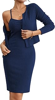 Sovoyontee Women Fall Knit Sweater Dress Set Bodycon Midi Dresses Long Sleeve Cropped Cardigan 2 Piece Outfits