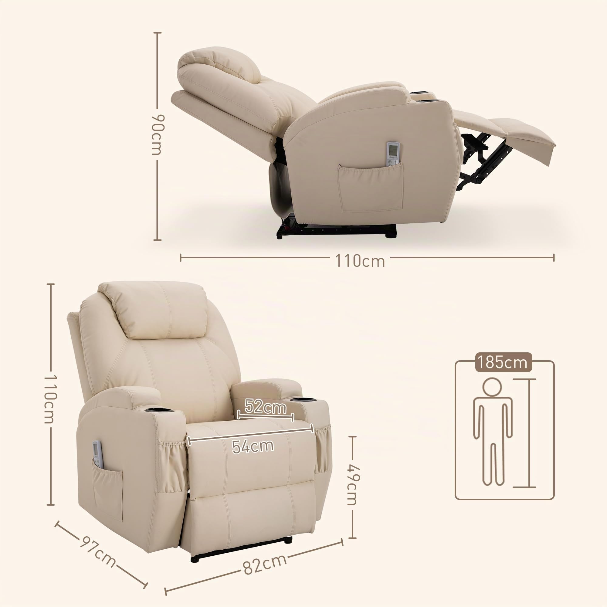 HOMCOM elektrischer Massagesessel Relaxsessel Fernsehsessel Massagefunktion Liegefunktion Kunstleder Holz Metall Schaumstoff Beige 82 x 97 x 110 cm
