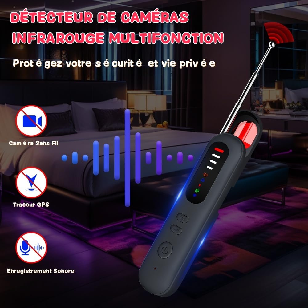 Détecteur de Caméra Cachée - Alarme de Sécurité, Micro Espion Détecteur, Détecteur RF sans Fil, GPS Tracker, Anti-Espion pour Hôtel, Salle de Bain, Bureau, Voiture, Voyage, Anti-instantané