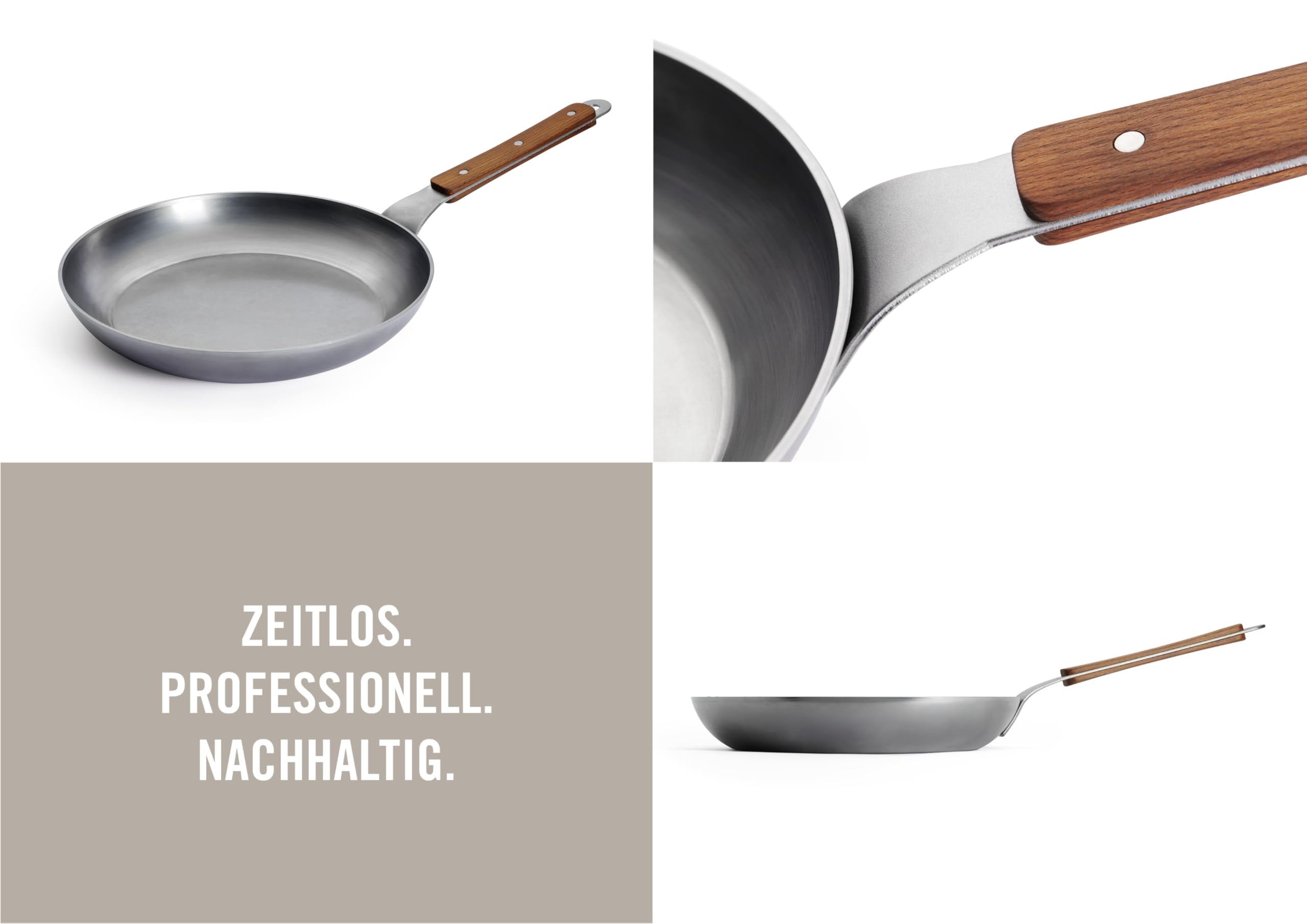 Woll – Carbon Steel Flachpfanne Ø 28 cm, 5 cm hoch – Karbonstahlpfanne PFAS-frei – natürlicher Antihafteffekt nach Einbrennen – Induktionspfanne – große Bratpfanne mit Holzstiel