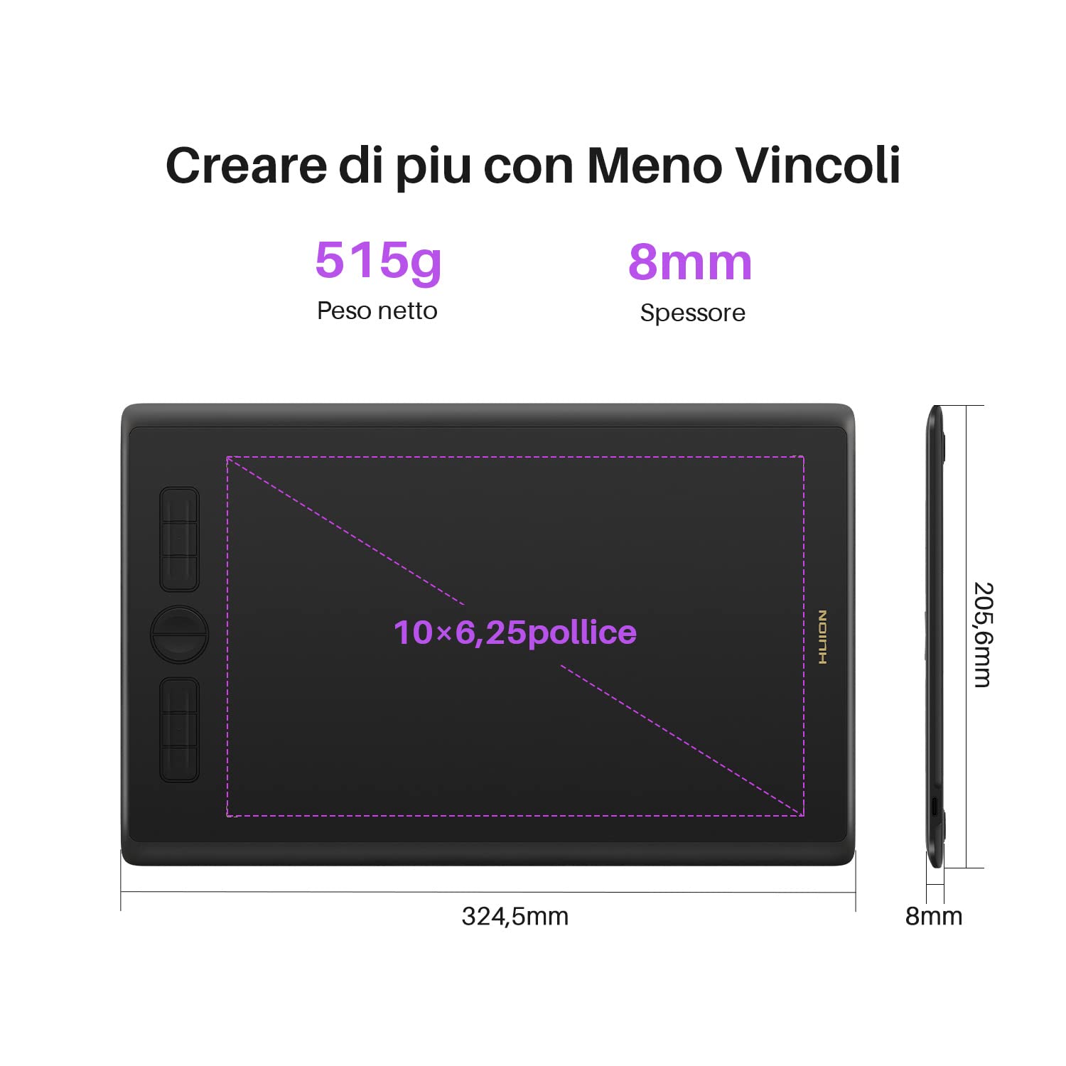 HUION Inspiroy H610X Tavoletta Grafica 10 × 6,25 pollici Tavolette Grafiche con 8 Tasti Programmabili e Penna a Pressione Senza Batteria Compatibile con Windows, macOS, Chrome OS e Telefoni Android