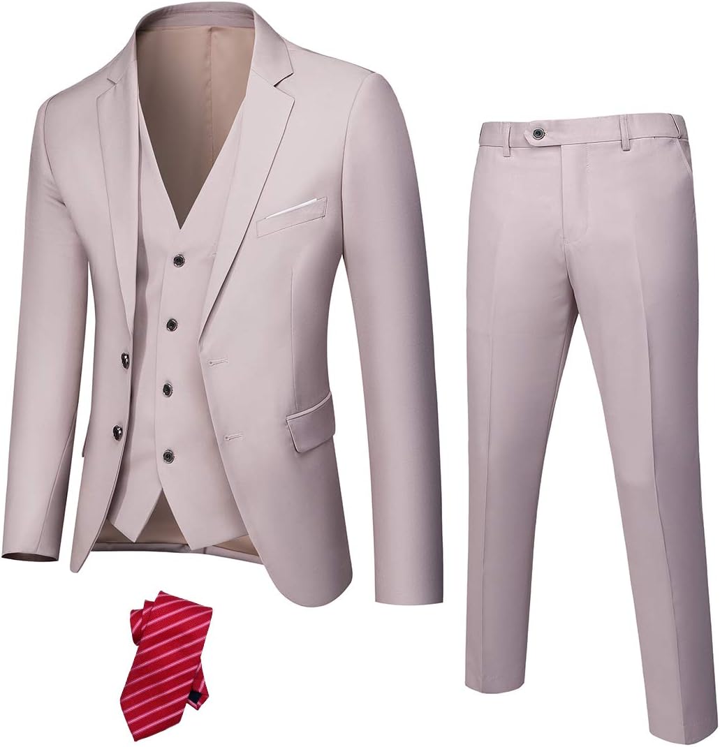 YNDMen's Slim Fit 3 Piece Suit Set with Tie, Solid Blazer Jacket Vest Pants, Beige, UK Size