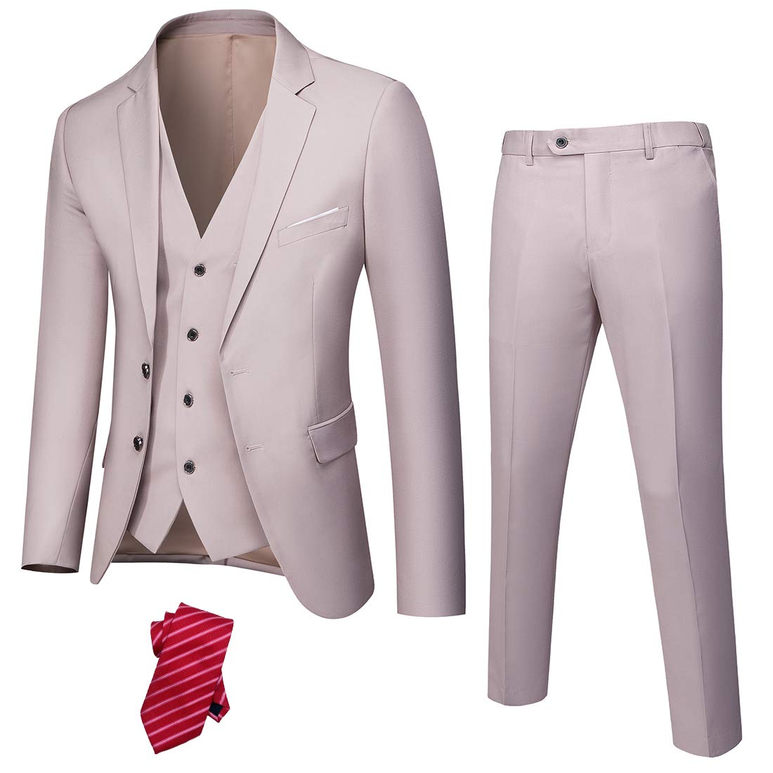 YNDMen's Slim Fit 3 Piece Suit Set with Tie, Solid Blazer Jacket Vest Pants, Beige, UK Size