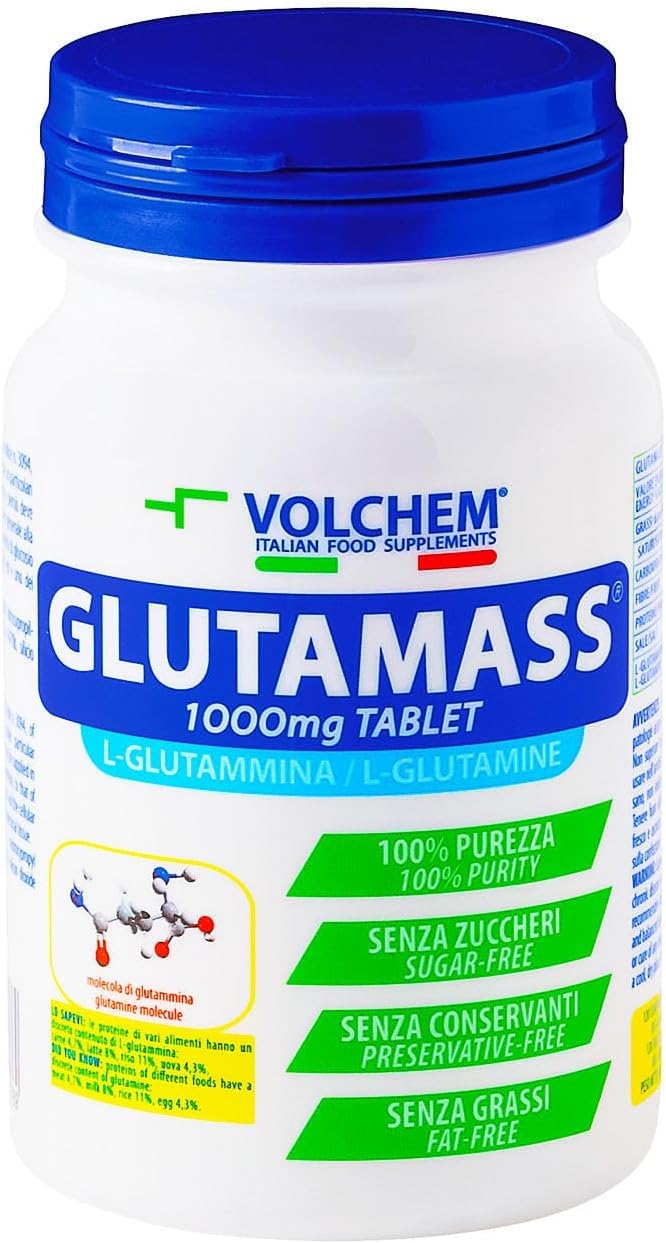 Volchem Glutamass Tablet, Integratore Alimentare con L-Glutammina in Forma Libera, 100% Purezza, Recupero di Sforzi Intensi, Senza Grassi, Conservanti e Zuccheri (120 cpr)