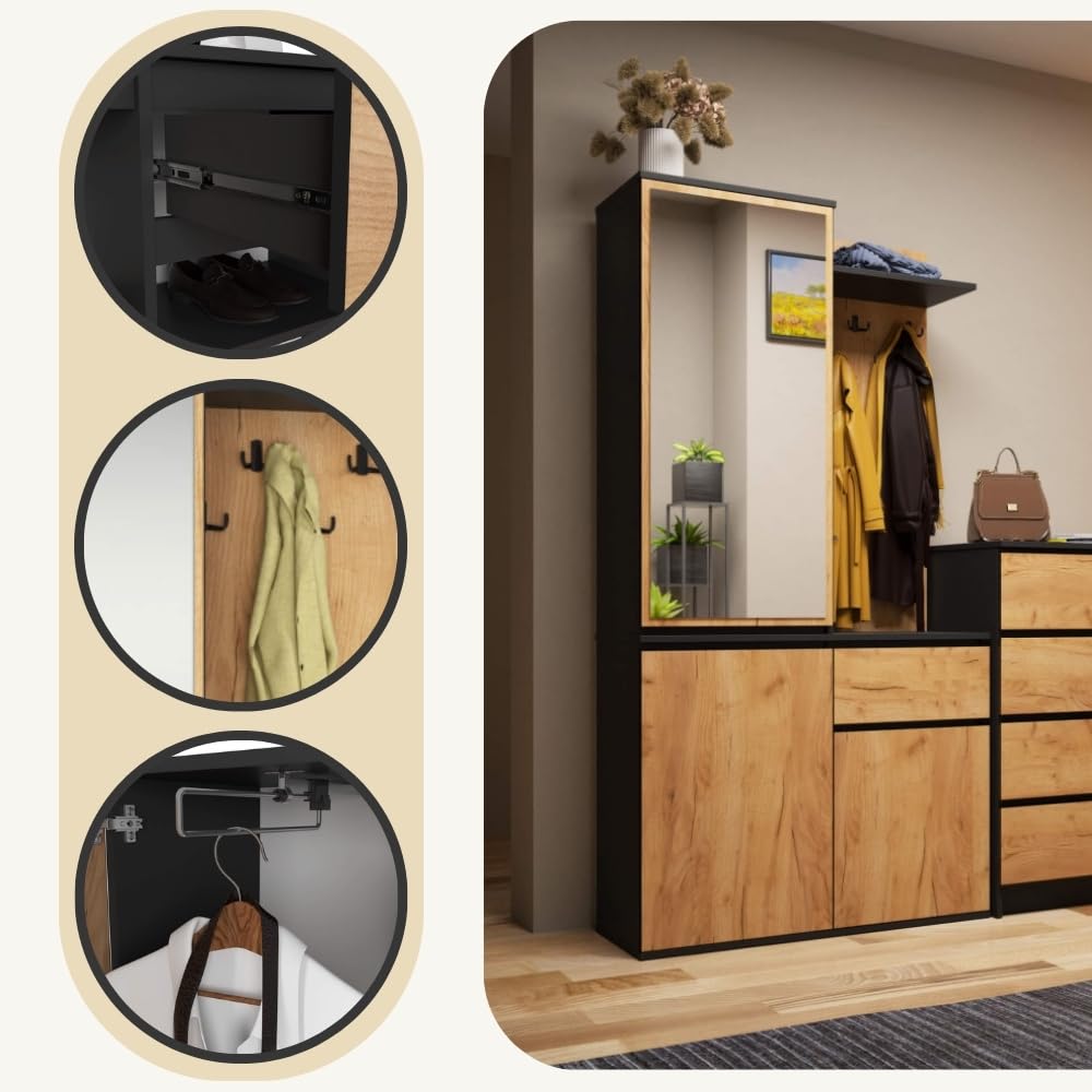 AKORD Garderoben-Set ENTRO Schwarz 95 cm Kompaktgarderobe Schmaler Flur 3 Türen 1 Schublade 7 Regalböden Industrial Stil Schwarz & Craft-Eiche