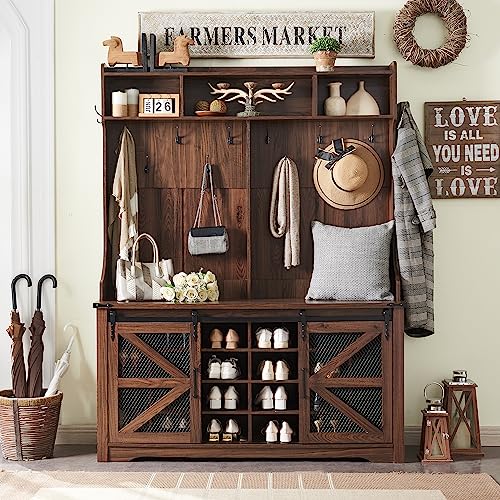 JXQTLINGMU 59" Farmhouse Hall Tree with Shoe Storage, Entryway Bench with 20 Cubbies, 12 Hooks & Sliding Barn Doors, Mudroom Coat Rack Cabinet, Brown