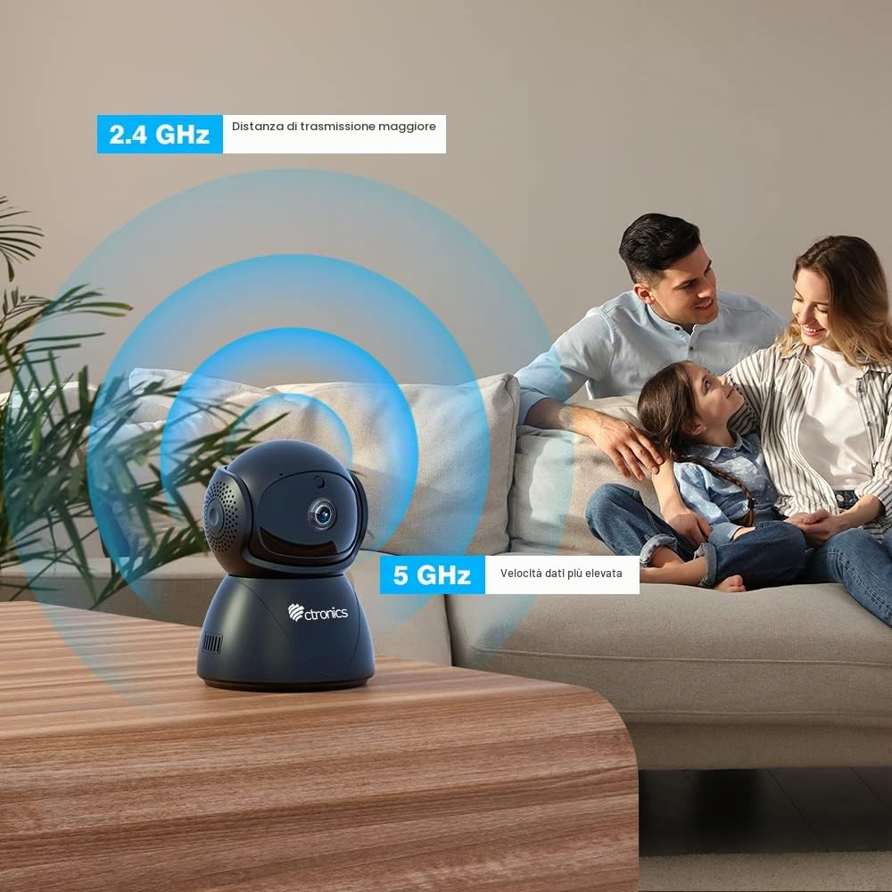 Ctronics 5MP PTZ Telecamera Wifi Interno Videocamera Interno con Pan 355°/Tilt 90° Rilevamento Umano/Movimento Auto Tracking Visione Notturna IR Audio Bidirezionale per Bambino/Animale Nero | Pan 355°/Tilt 90°, Rilevamento Umano/Movimento, Auto Tracking,