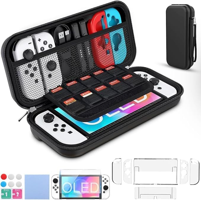 Case Para Nintendo Switch e Switch OLED – Estojo de Transporte Premium | Capa Protetora Resistente com 6 Compartimentos | Bolsa Espaçosa Para Viagens | Proteção Completa Para Jogos e Acessórios