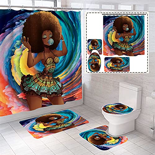 BOISTAR 4 Piece African American Black Women Shower Curtain Sets,Non-Slip Rugs,Toilet Lid Cover and U Shape Mat,Bathroom Sets with Shower Curtains and Rugs and Accessories,65" W x 71" H