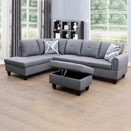 EMKK Luxury L-Shaped Corner Sofa Upholstery Modular Sectional Sofá, Contemporary Couch with Chaise Lounge for Living Room Furniture Set, Apartment, Grey Left