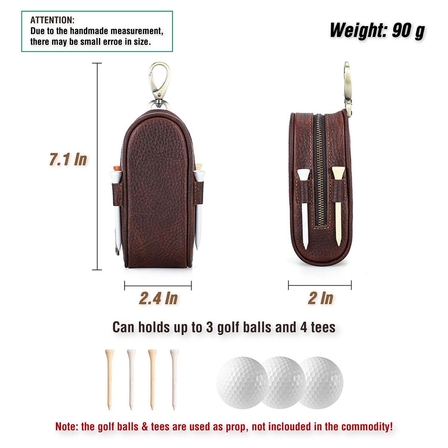 Golfballtasche aus genarbtem Echtleder, Vintage-Design, handgefertigt, ohne Logo, tragbar und hält bis zu 3 Bälle und 4 Tees, Golf-Zubehör, Geschenk für Mann und Frau