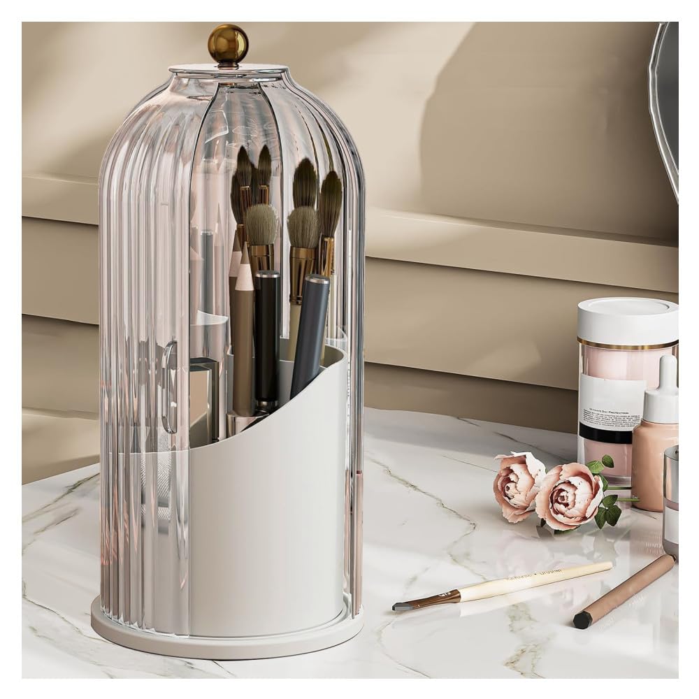 Organisateur De Maquillage Rotatif 360° Avec Couvercle - 5 Compartiments, Blanc, Pour Pinceaux Et Cosmétiques