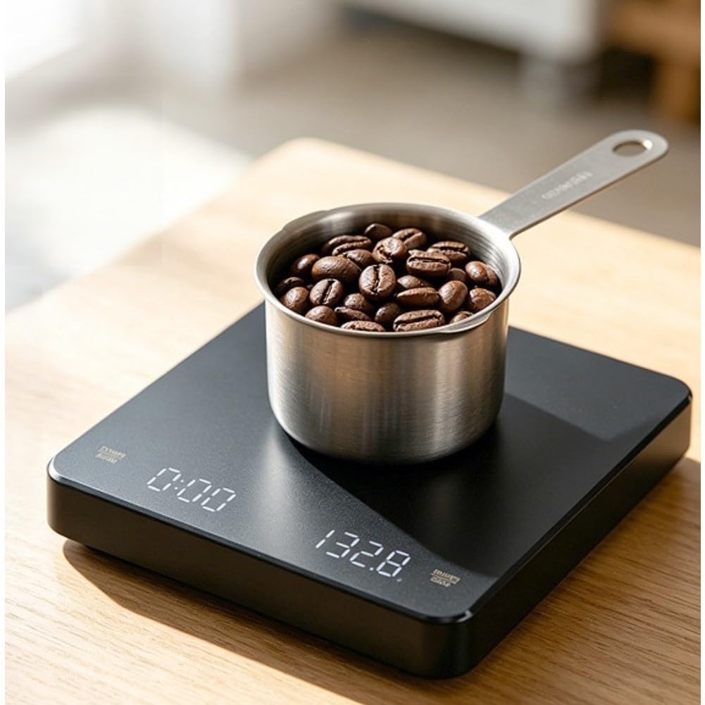 QOXEZY Báscula de café digital recargable con temporizador integrado, pesaje de precisión de 0,1 g, 3000 g, temporizador automático, soporta gramos onzas mililitros, para hornear cerveza (9)
