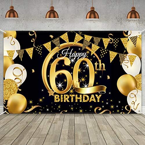 Happy 60th Birthday Backdrop Banner – Extra Large Black Gold Fabric Sign For Party Decor - View #6