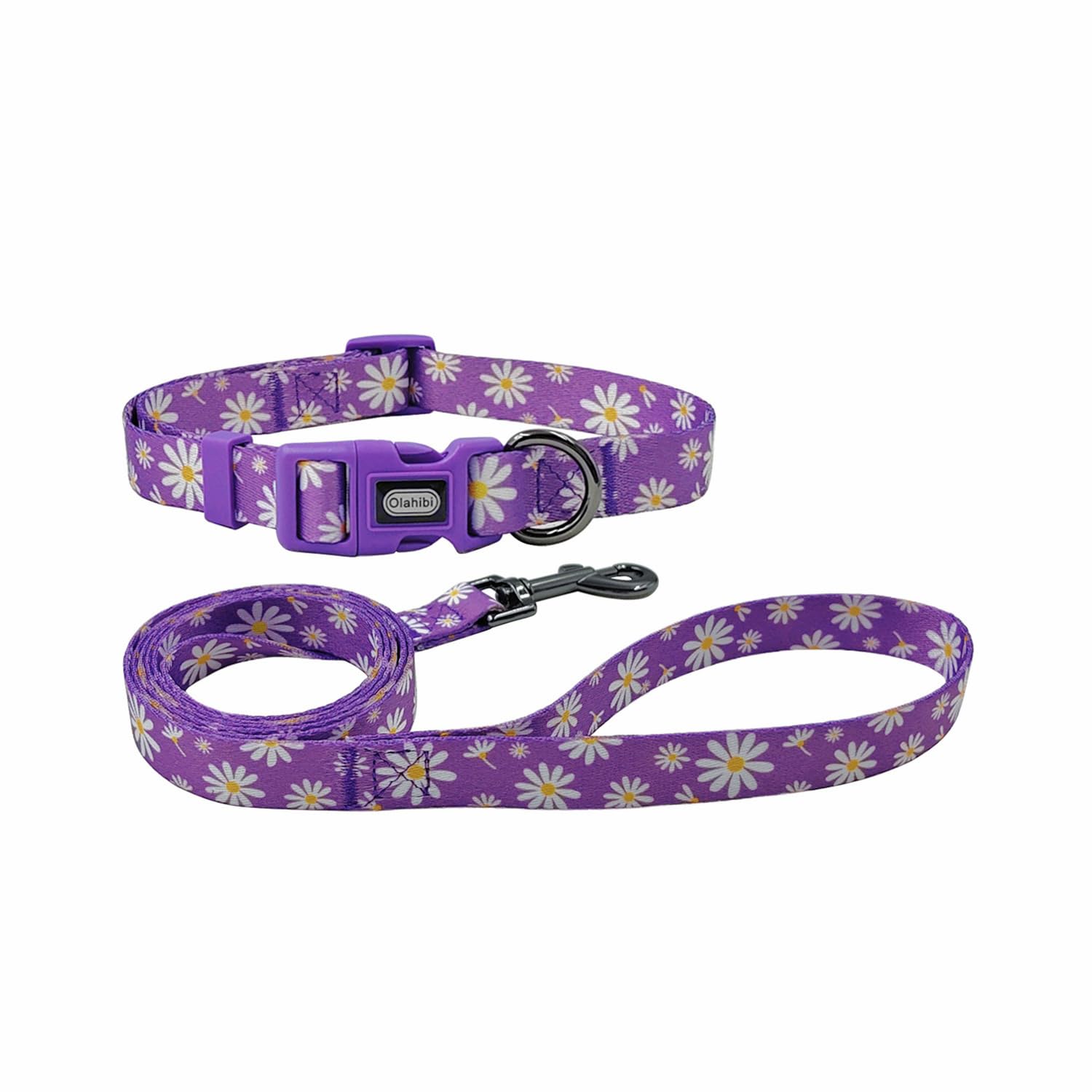Olahibi Dog Collar and Leash Combo Set, Floral Pattern, Polyester Material, 150CM Matching Leash, for Small Dogs.(S, Purple Daisy)