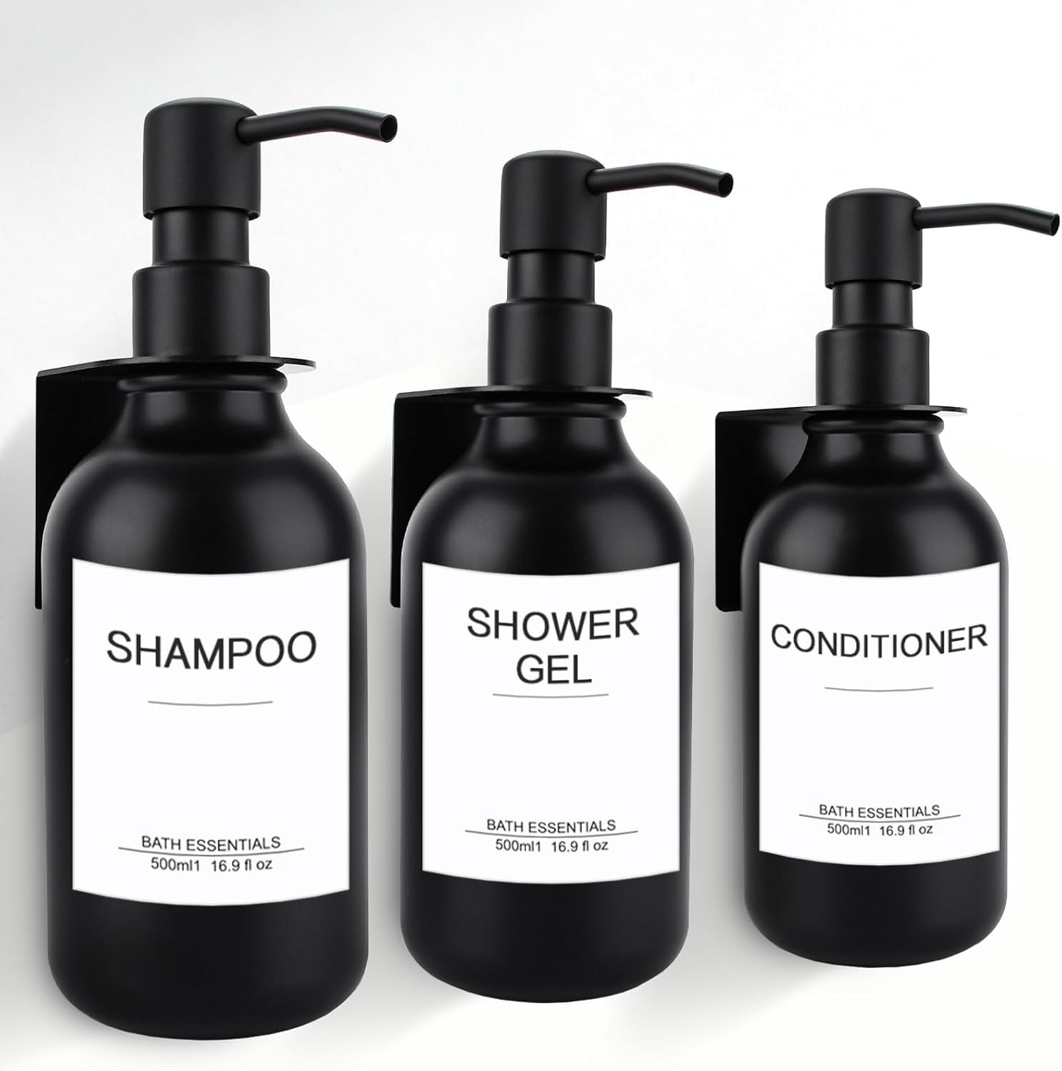 Seifenspender Wandbefestigung, 500ml Shampoo Flaschen zum Befüllen,3er Set Seifenspender Matt aus Glas, Badezimmer Seifenspender Set, Spender Pumpkopf Edelstahl,Pumpflasche + Aufkleber， 3 Stück