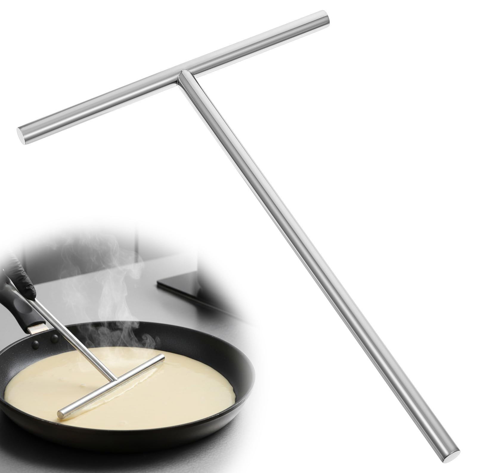 Distribuidor de crepes, rastrillo redondo de acero inoxidable, 26 x 18,5 cm, distribuidor de masa, distribuir uniformemente la masa con mango largo para crepes y tortitas y tartas de huevo