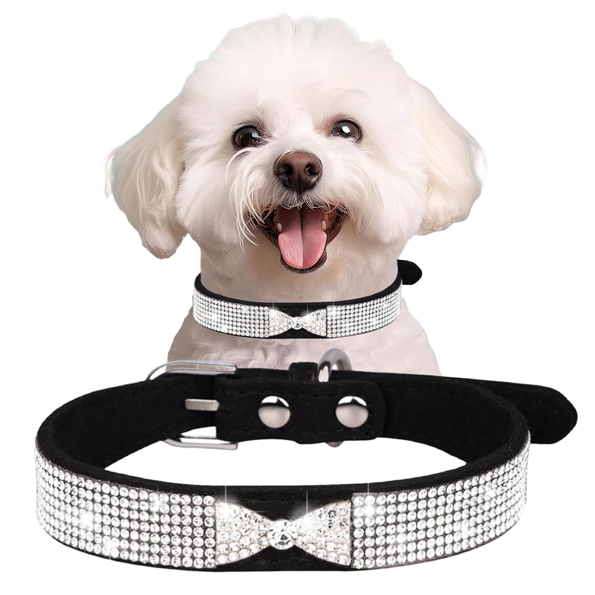 Rhinestone Dog Collar Bling Diamond Bowtie Cat Collars Adjustable for Small Medium Large Pets Kitten & Puppy Dark Black M