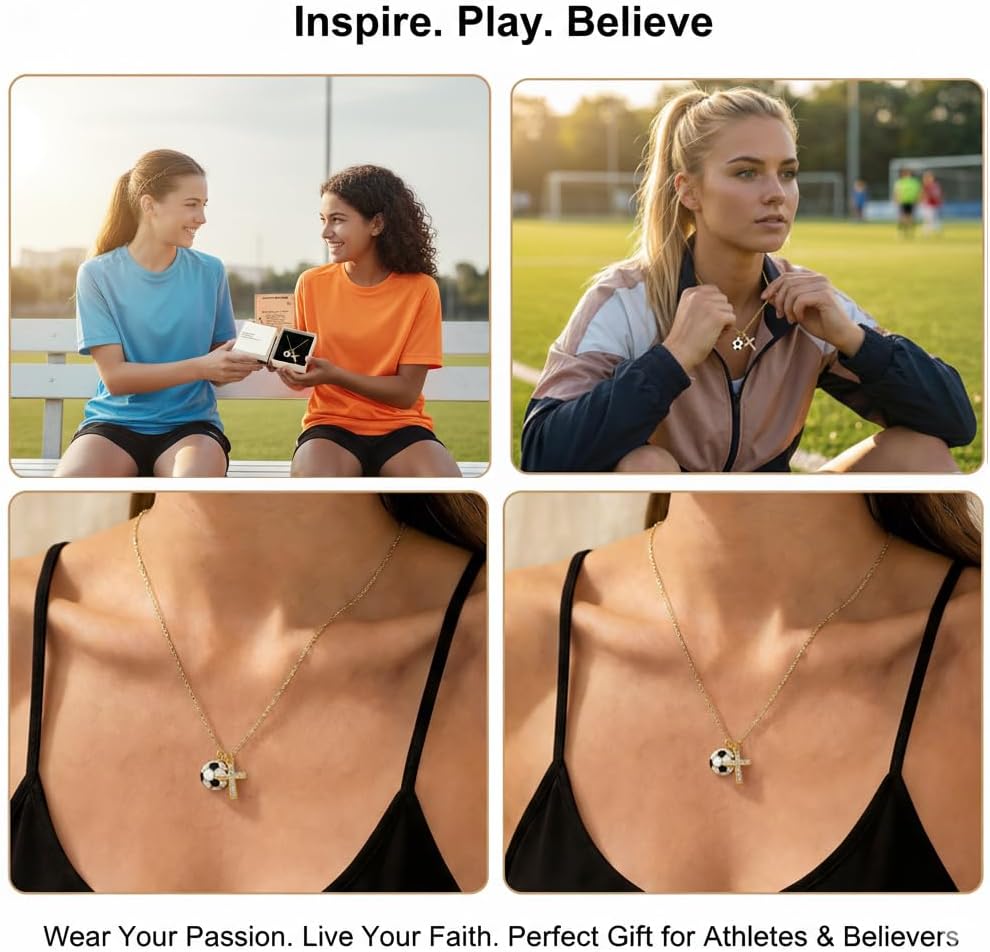Soccer Volleyball Softball Basketball Necklace for Women Inspirational Cross Jewelry Gift for Team Player Lovers Sport Coach Pendant Jewelry Birthday Valentines Day Gifts