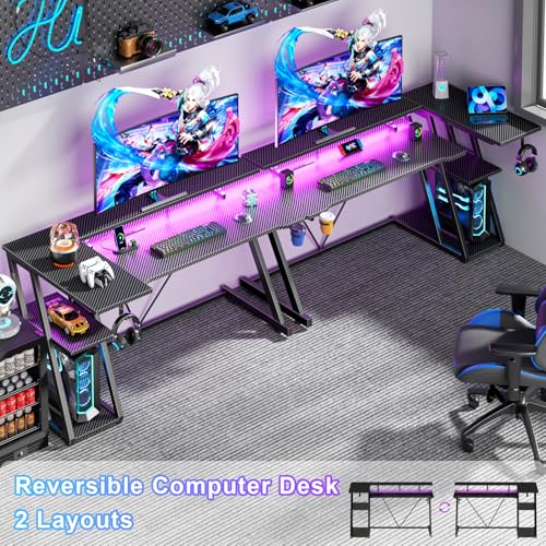 Image of Korfile 55 Inch Gaming Desk with Power Outlet & LED Lights, L Shaped Gamer Computer Table with Storage Shelves for Bedroom, Corner Home Office Desk, Carbon Fiber Black