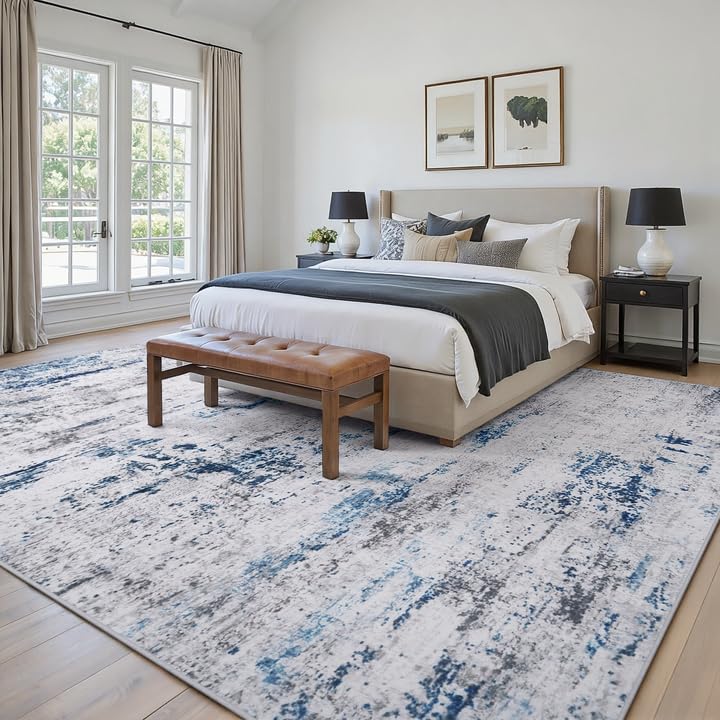 Image of 8x10 Area Rugs for Living Room Large Washable Abstract Rug White Gray Blue