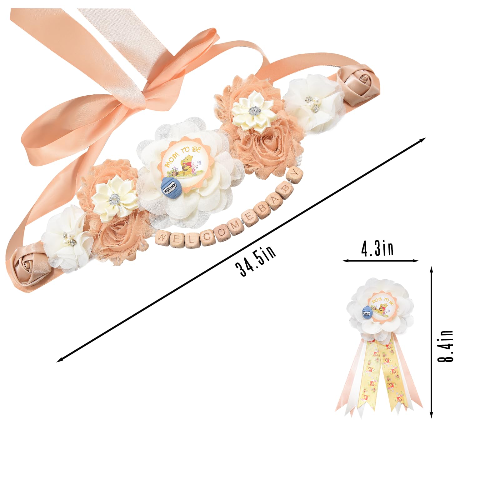 HAPPYLAND Teddy Bear Baby Shower Decorations Set Mommy to be Daddy to be Corsage Baby Shower Peach Sash and Tinplate Badge Pin Mommy Sash Pregnancy Maternity Sash to Be Baby Shower Belt Sash Keepsake
