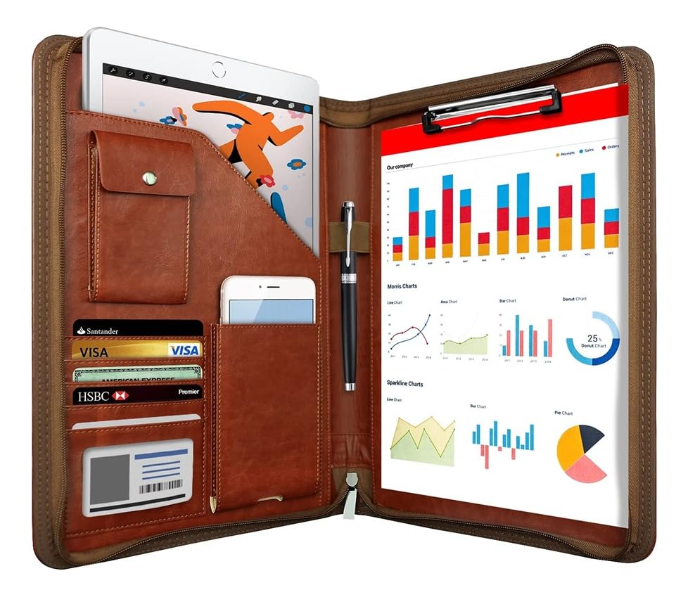 Pasta executiva premium a4 couro PU portfolio organizador convenção (Marrom)