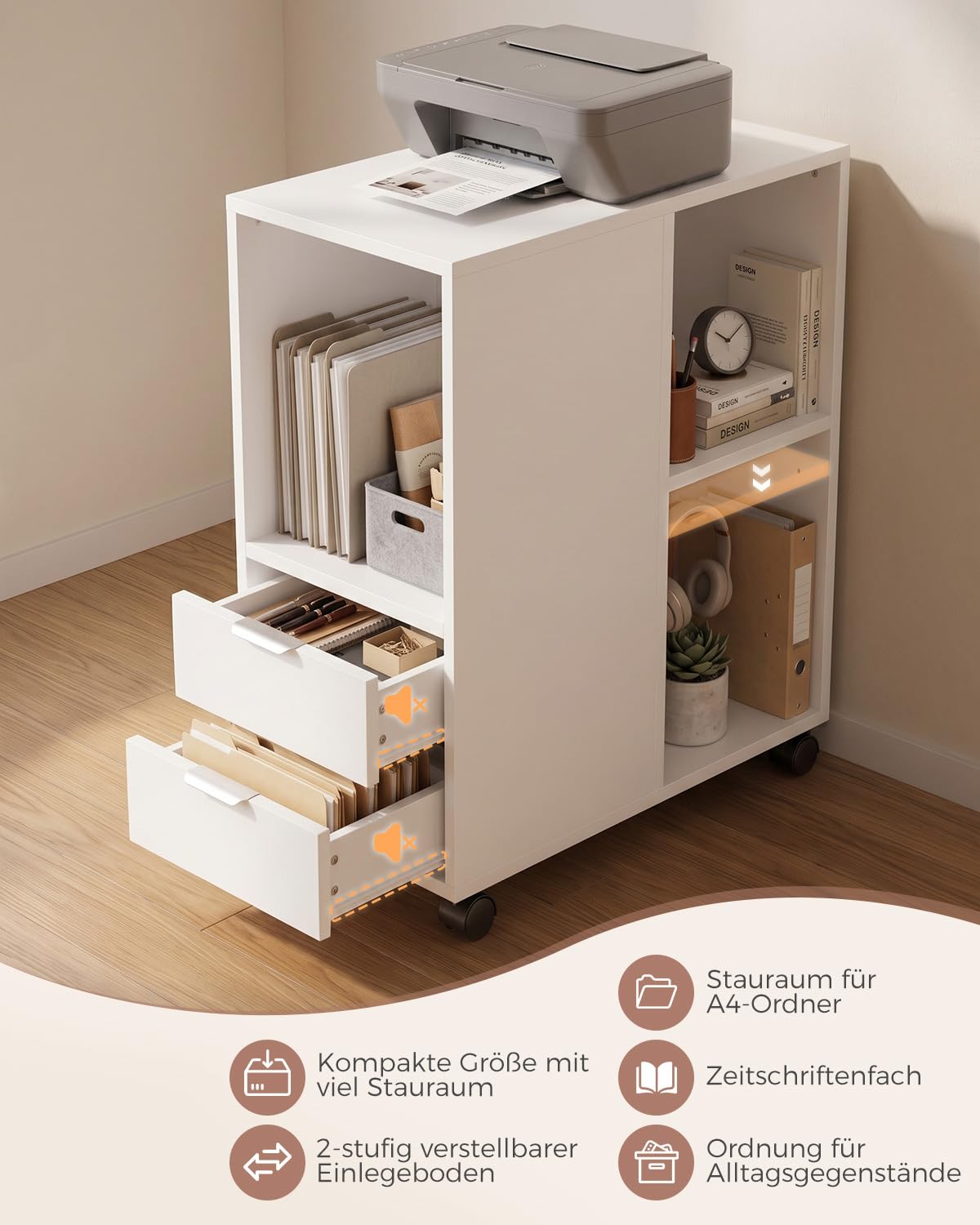 Rollcontainer Aktenschrank, Büro Schubladenschrank Untertisch, Weiß