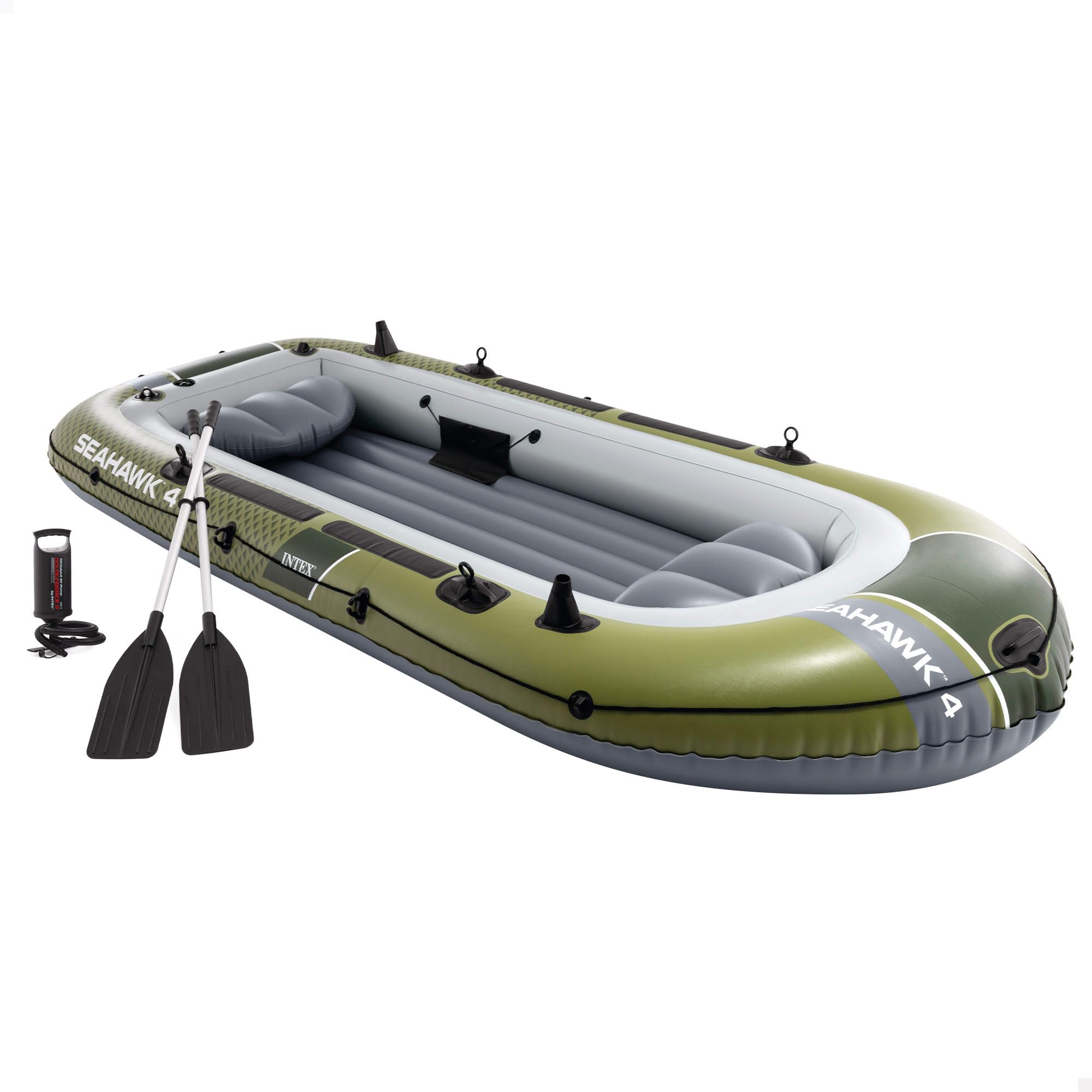 Intex Barca hinchable, Modelo Seahawk 4, Mide 351x145x48 cm, Máx. 480 kg, Para 4 personas, Incluye remos y asientos, Bomba de inflado, Parche reparación, 3 cámaras de aire, Pesca o recreo (66334)