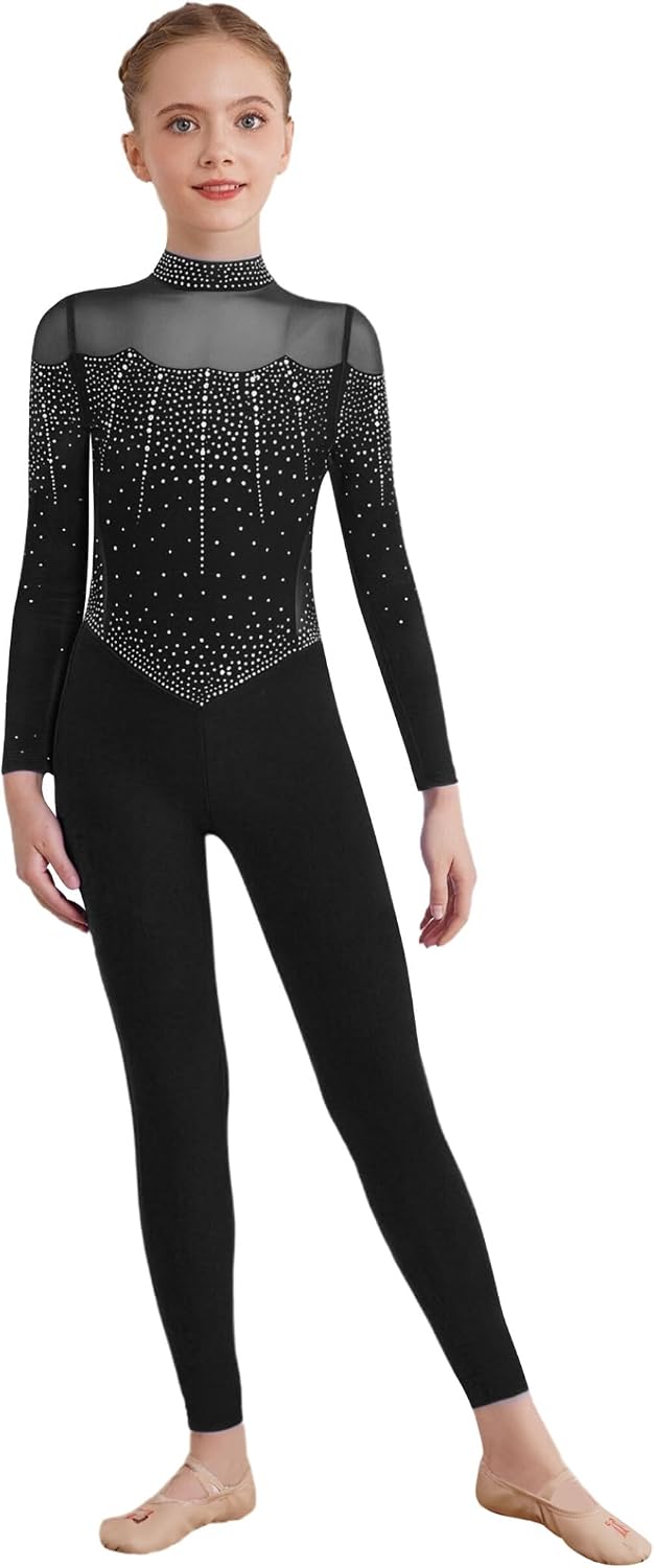 Kids Girls Full Body Unitard Shiny Rhinestone Ballet Dance Gymnastics Leotard Long Sleeve Stretch Catsuit