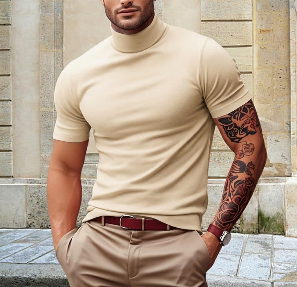 Camiseta masculina moderna, gola rolê, leve, de manga curta, básica, pulôver, camiseta lisa