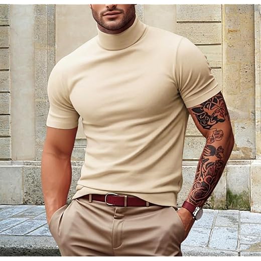Camiseta masculina moderna, gola rolê, leve, de manga curta, básica, pulôver, camiseta lisa
