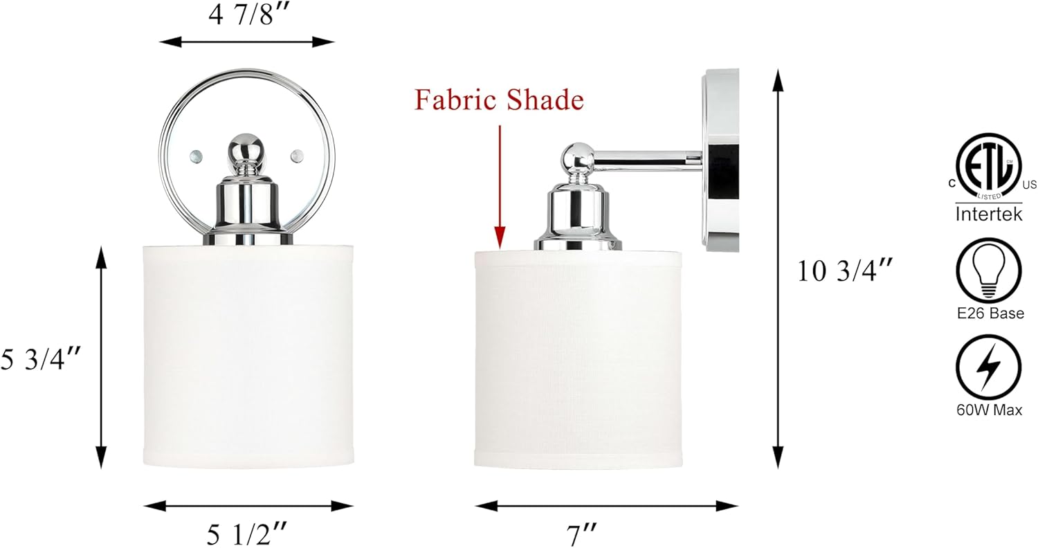 XiNBEi Lighting Wall Light 1 Light Wall Sconce with Drum Fabric Shade in Chrome, Modern Bathroom Vanity Light for Bathroom Bedroom & Living Room XB-W1214-1-CH