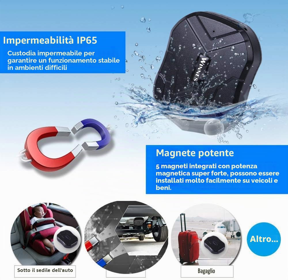 Localizzazione GPS per Auto, Monitoraggio in Tempo Reale Anti-perso/Antifurto, GPS Tracker con Potente Magnete Dispositivo App Gratuita per Auto/Moto/Nave 90 Giorni in Standby