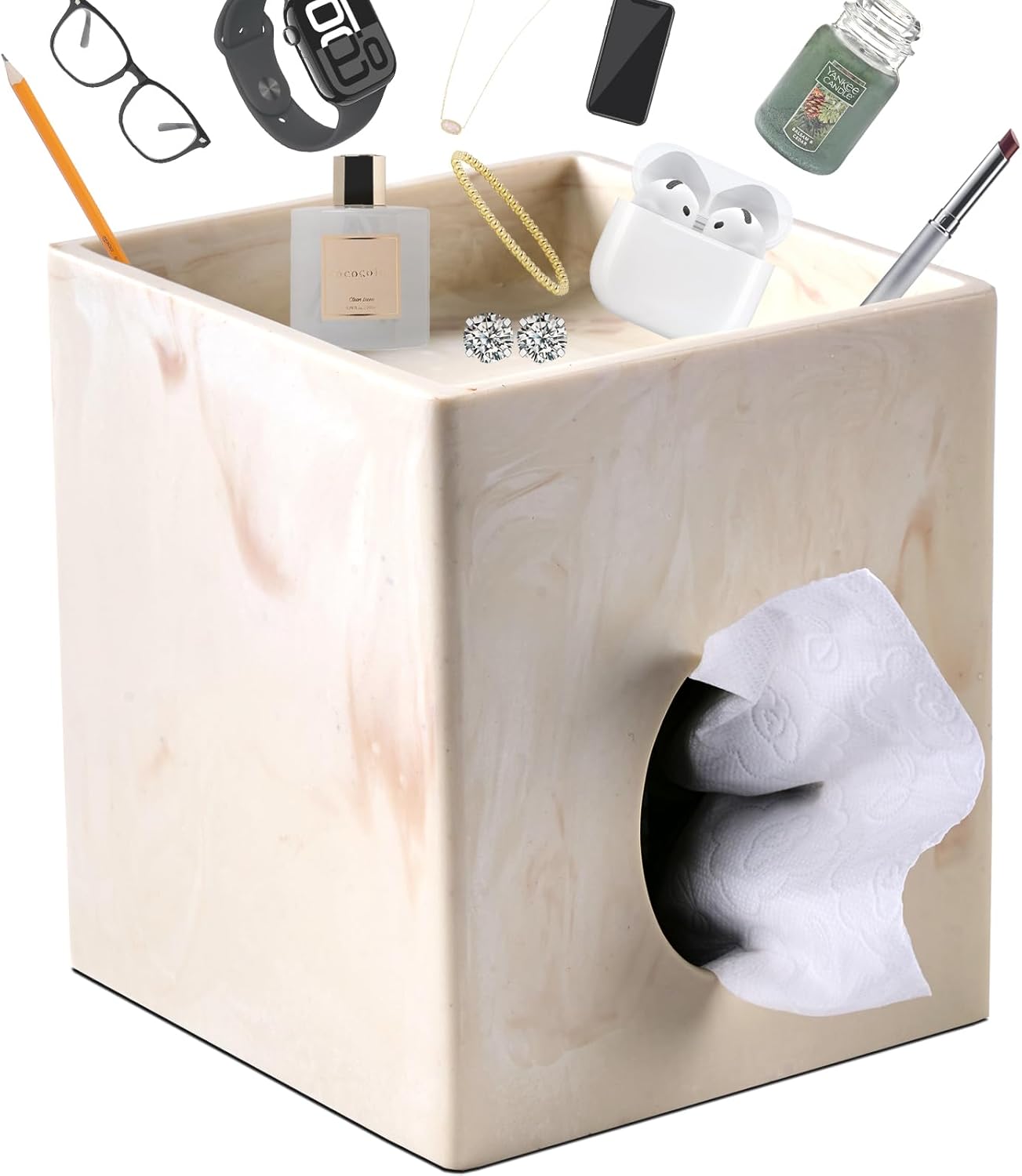 Beige Natural Marble Stone Textures Square Tissue Box Cover with Storage Tray, 2-in-1 Tissue Holder Decorative Organizer for Bathroom, Vanity, Kitchen Countertop, Bedroom Night Stands, Office Desk Top