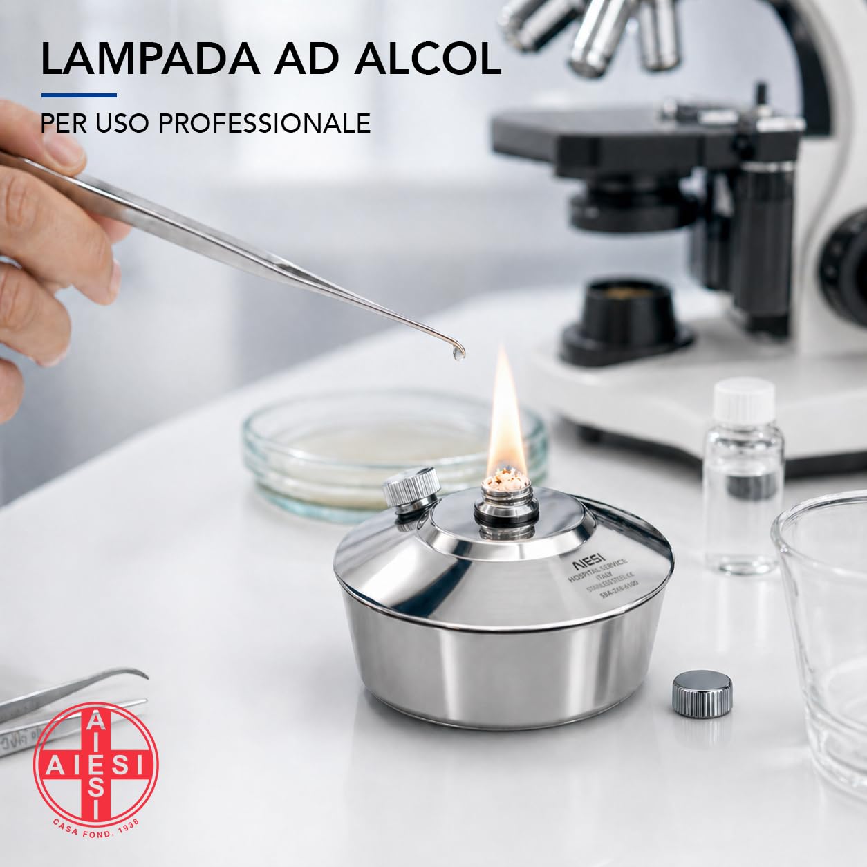 AIESI® Alkohollampe aus Edelstahl Fassungsvermögen 120 ml mit Schraubverschluss und Docht, Brenner, Alkoholkocher, Garantie 24 Monate